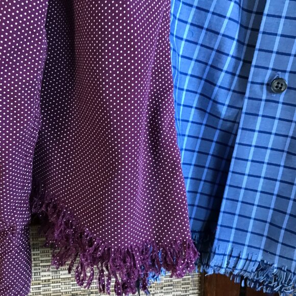 Upcycled Patchwork Button-Down Shirt, Size M-L: Boho Blue Purple Polka Dot Top - Picture 5 of 15